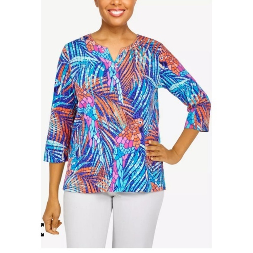 Alfred Dunner Mosaic Tropical Parrot Print Blouse Sequins V-Neck 3/4 Sleeve Sz M